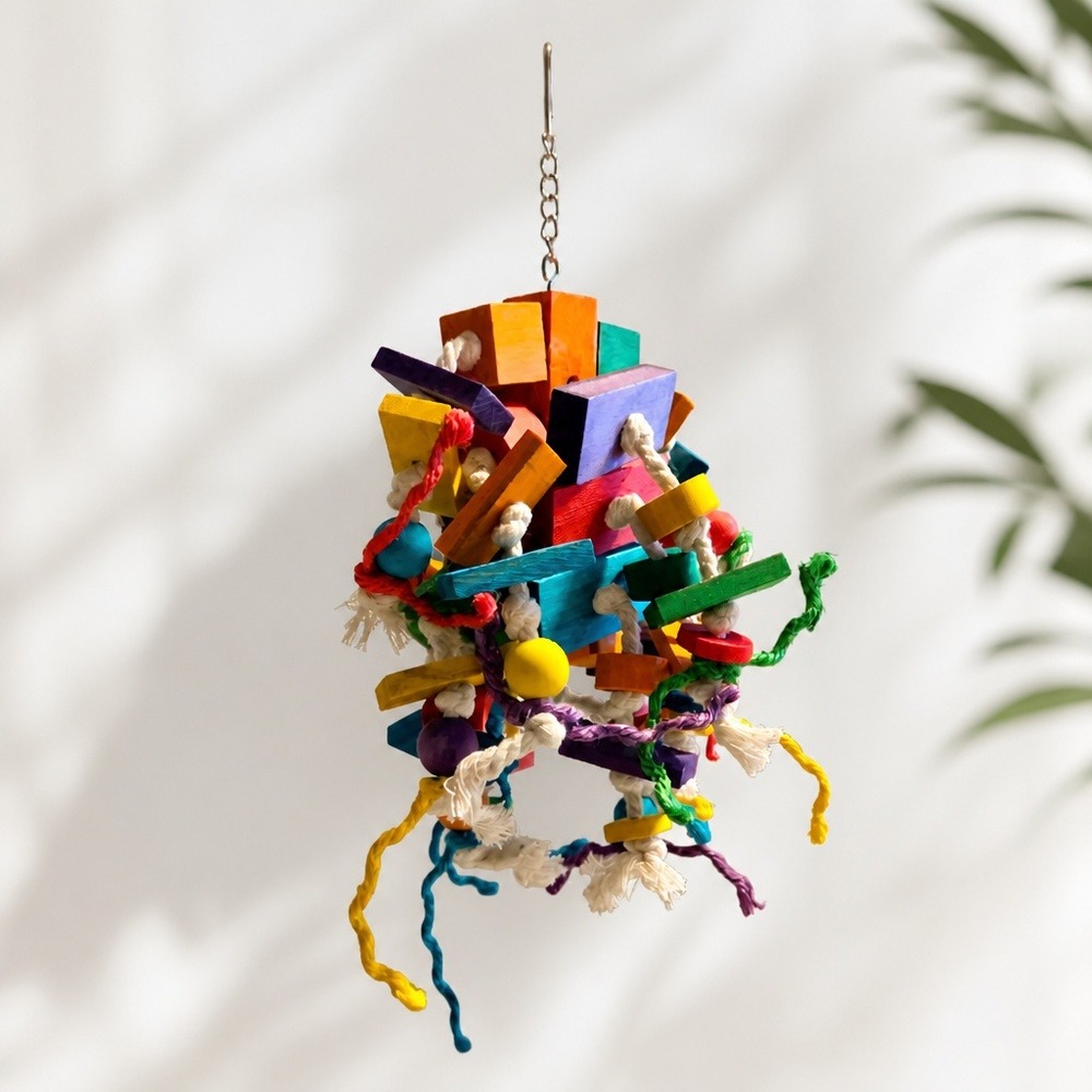 Multicolor Wood Block Parrot Toy Foraging Preening Bird Toy with Cotton Rope